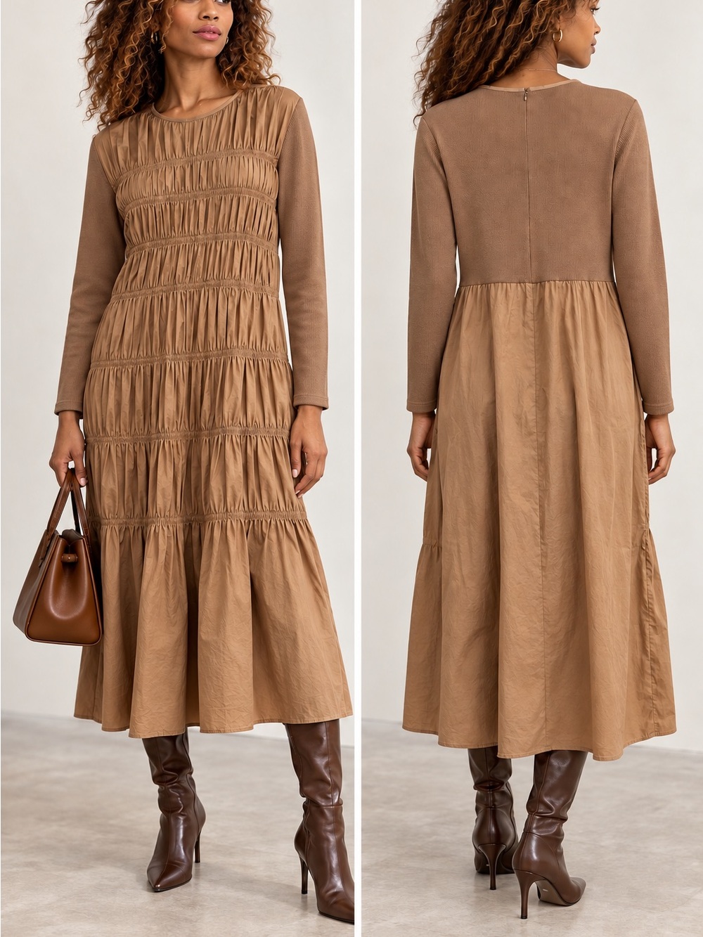 YAL New York Camel Mixed Media Ruched Maxi Dress Size XL NWT